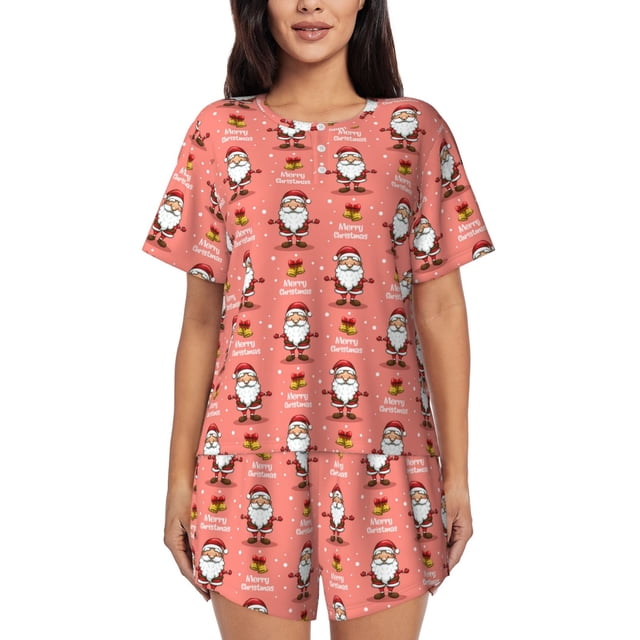 Balery Merry Christmas Santa Claus Conjunto de Pijama para Mujer con Estampado, Dos Piezas de Manga Corta y Shorts, Ropa de Dormir Suave con Cuello Redondo y Bolsillos-4X-Large