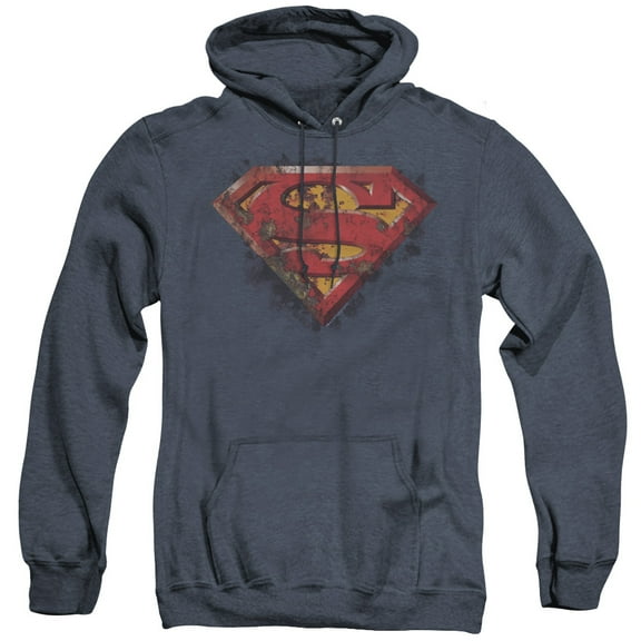 Superman Rusted Shield Adult Heather Hoodie Sweatshirt Navy