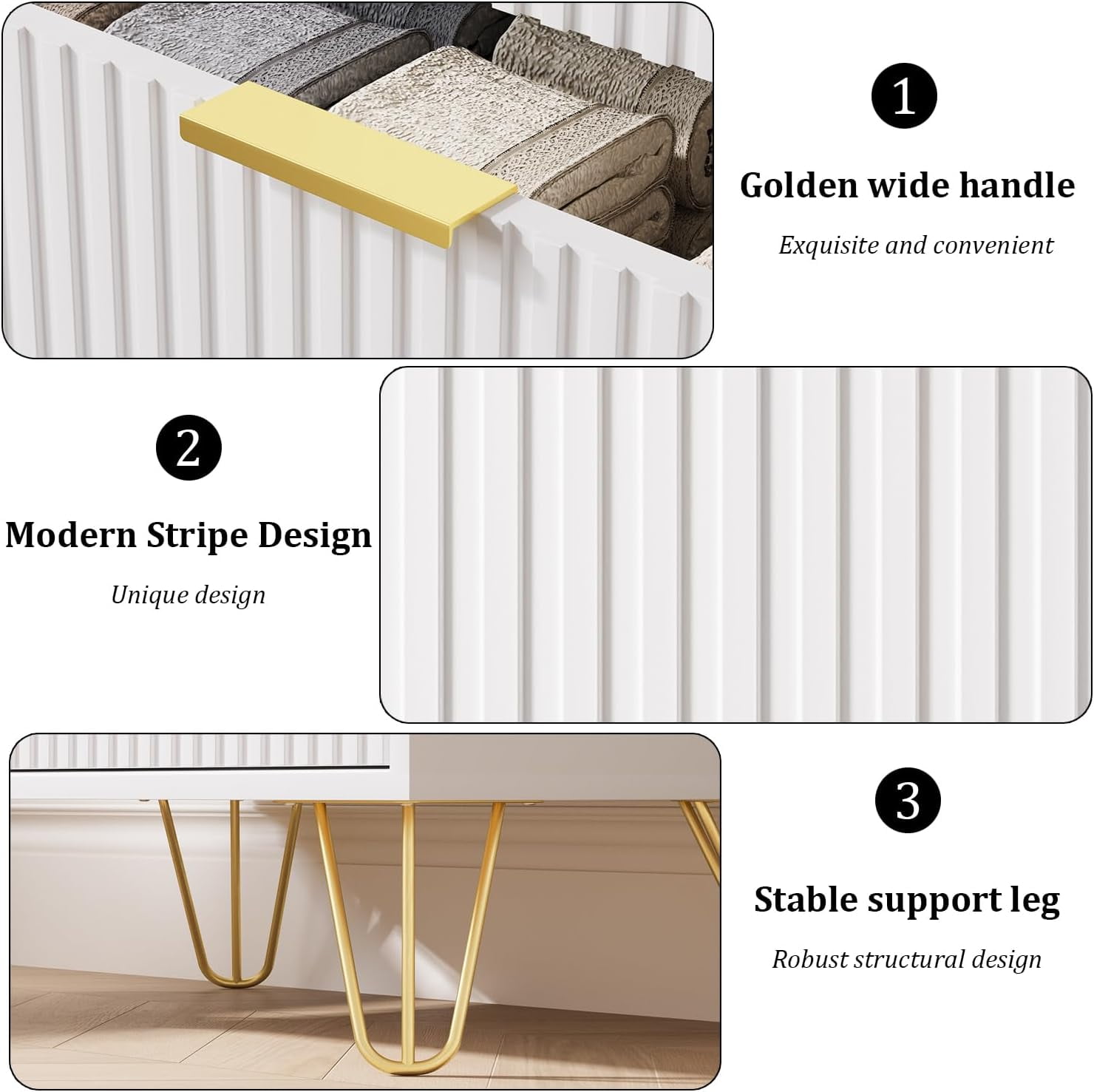 FURNIWAY White 3 Drawer Dresser for Bedroom, Modern Closet Dressers Chest of Drawers, Fluted Dresser Chest Cabinet with Gold Metal Handles, Nightstand for Bedroom, Living Room, Hallway, Entryway