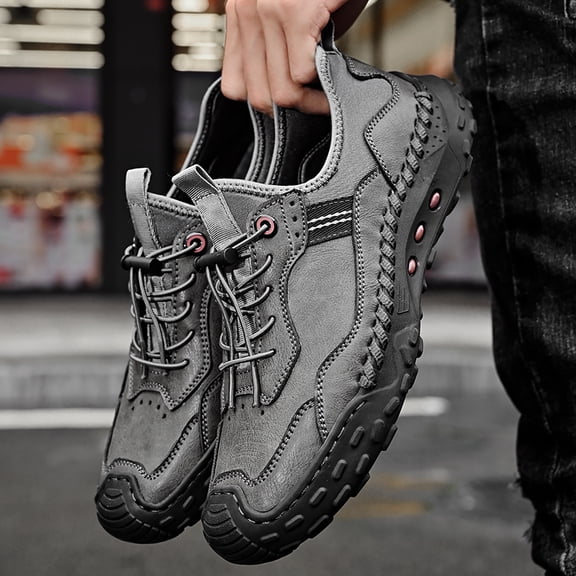 Men's Grey Matte Leather Hand Stitched Outdoor Walking Shoes Quick Elastic Drawstring Anti-Collision Toe Trekking Sneakers