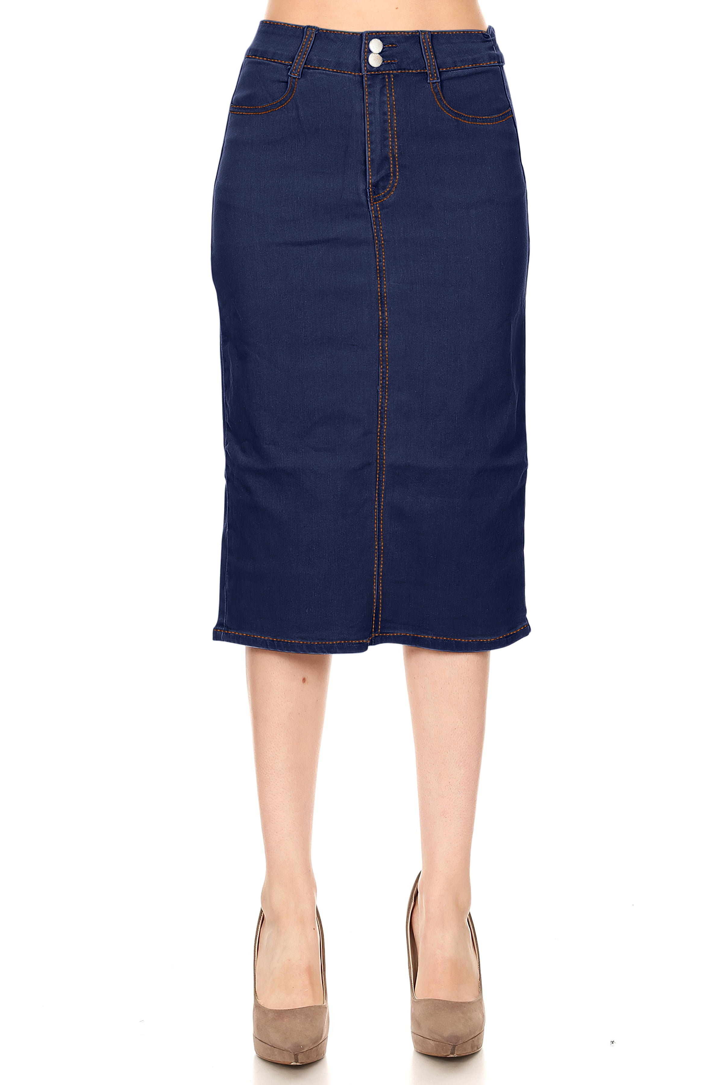 below knee length denim skirt