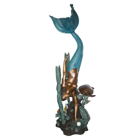 Mermaid Diving for a Pearl Fountain Bronze Statue -  Size: 34"L x 27"W x 93"H.