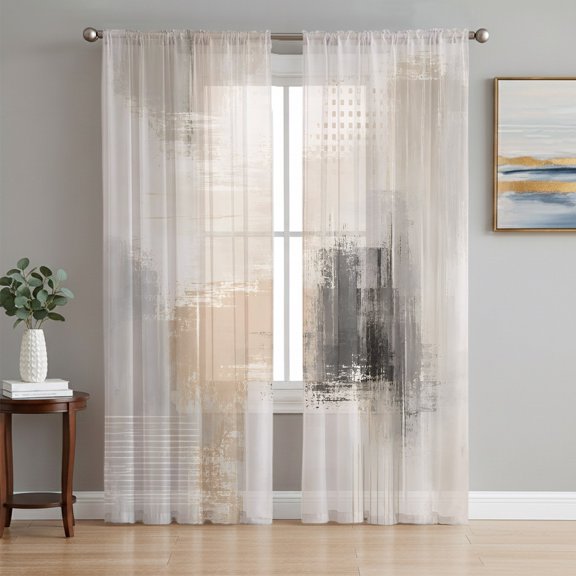 Brown Black Abstract Sheer Curtains 96 Inch Length 2 Panels Set, Modern Gradient Mottled Simple Art Voile Window Treatment Semi Sheer Long Curtains Drapes for Bedroom/Living Room/Kitchen 52"x96"x2