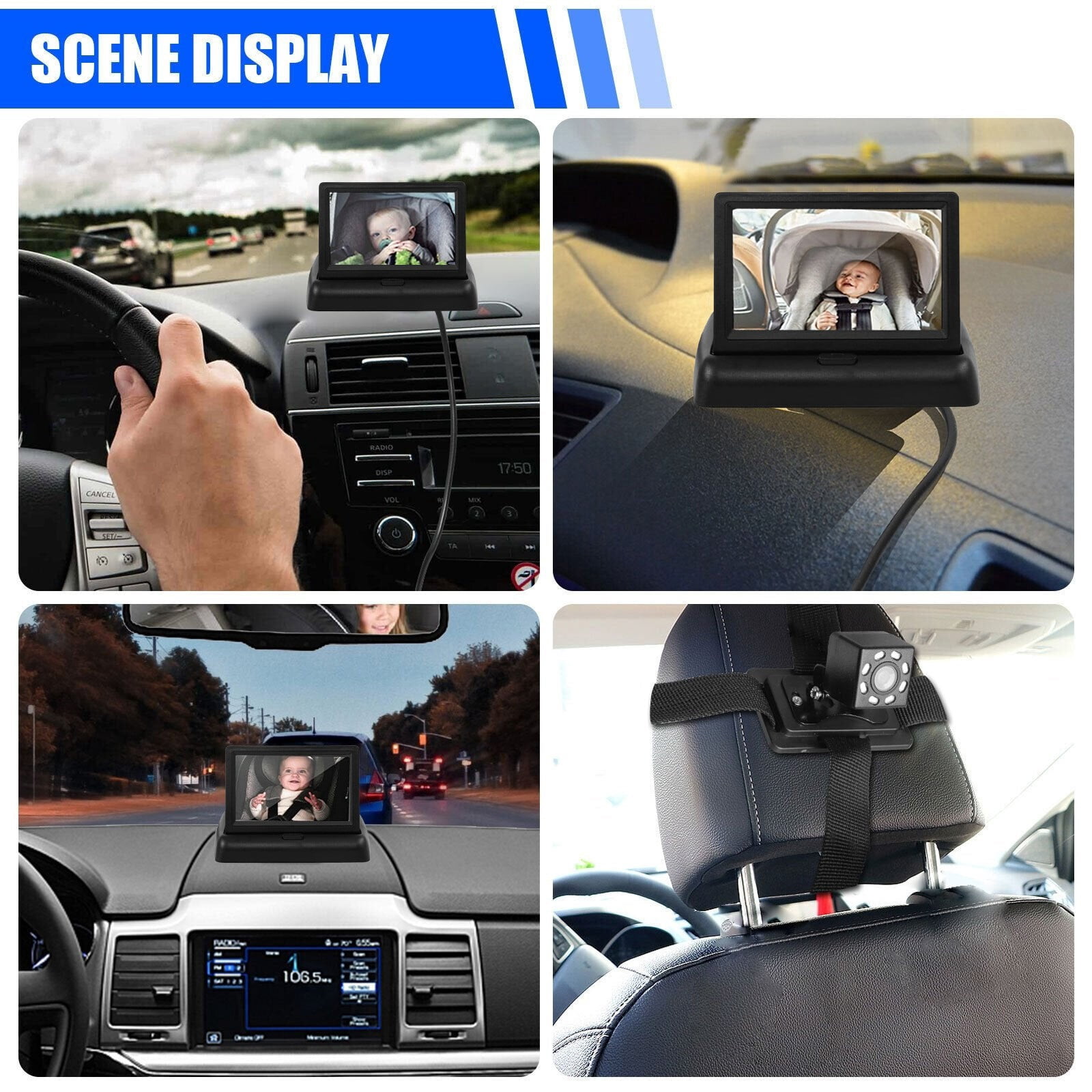 Ckraxd Car Seat Rear View Monitor Camera 4.3in HD Display Night Vision Adjustable Easy Install Safe Driving Accessory