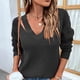 thumbnail image 3 of Jerseys de manga larga con cuello en V para mujer Otoño Invierno moda Casual hombros descubiertos suéter de punto suelto para mujer negro L, 3 of 6