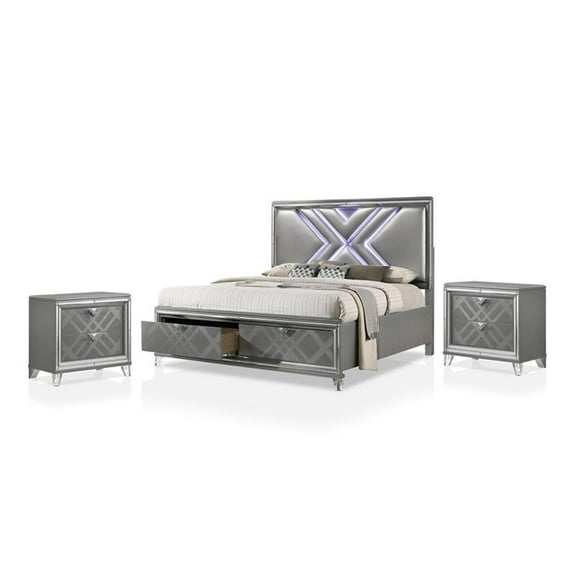 FOA Anaiya 3-Piece Silver Solid Wood Bedroom Set - Queen   2 Nightstands