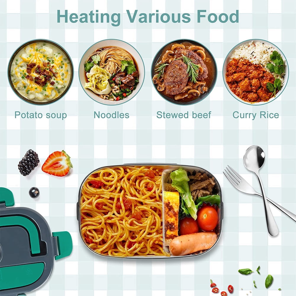 DFITO 40W Electric Heating Lunch Box, 2 In 1 Portable Food Heater for Home and Car, 1.5L Removable Stainless Steel Container, 110V/12V, with Fork Spoon, Green