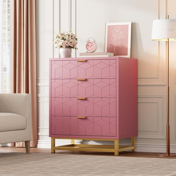 Pink Dresser, 4 Drawer Dresser for Bedroom, Modern Dressers with Gold Metal Handles for Living Room, Hallway, Entryway
