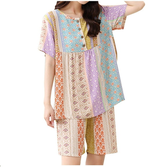 OWMEOT Plus Size Pajamas Sets for Women Cotton 2 Piece Loungewear Stitching Pattern Tops and Matching Pajama Bottoms Sleepwear