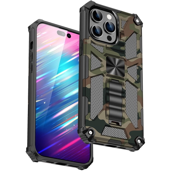 for iPhone 14 Pro Max 6.7" Magnetic Case, Rugged PC Back Case with Car Mount & Kickstand Heavy Duty Full Body Protective Case for 14 Pro Max Men Boys, Black