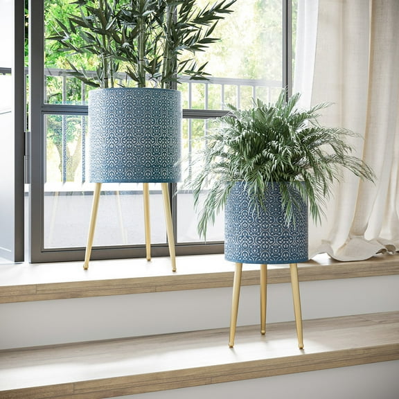 2-Piece Modern Metal Planter Pot With 3-Leg Gold Metal Base - Blue - 20"H x 10.5"W / 15.75"H x 8.5"W