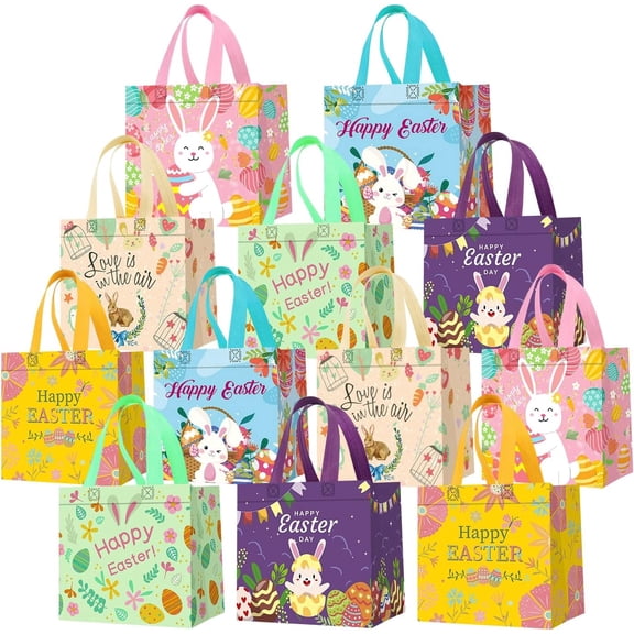 12Pack Easter Gift Bags with Handles, Easter Egg Hunt Bags, Non-Woven Easter Bags, Easter Bunny Bag, Easter Bags for Kids Classroom, Egg Hunt Game, Easter Party Favors 8.3"×7.9"×5.9"