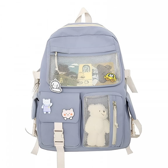 GASTROPOD Backpack with Cute Pin Accessories Plush Pendant Kawaii School Backpack Cute Aesthetic Backpack Blue