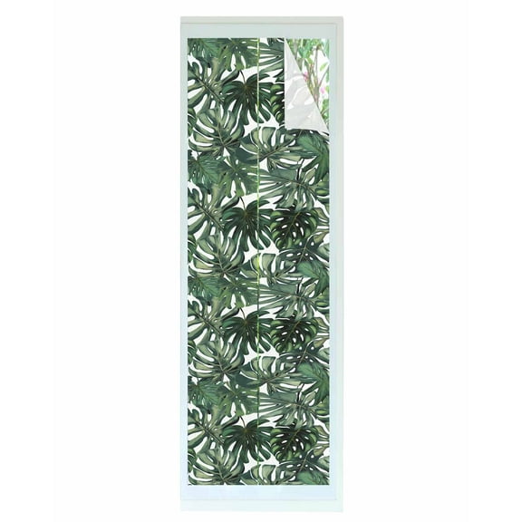 Window Privacy Film Green Palm Leaves Stained Glass Window Film Decorative Sun Block Window Cover Summer Tropical Leaf Vintage Window Clings Static Adhesive Sticker for Bathroom 17.7"x78.7"