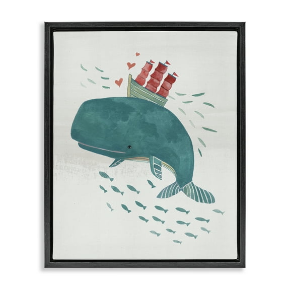 Stupell Industries Whale & Sailboat Diving Nautical & Beach Painting Black Floater Framed Canvas Art Print Wall Art, 17 x 21