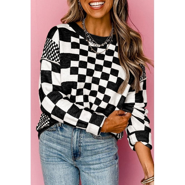 a.Jesdani Bold Plaid V-Neck Sweater | Drop Shoulder Style for Daily Elegance!