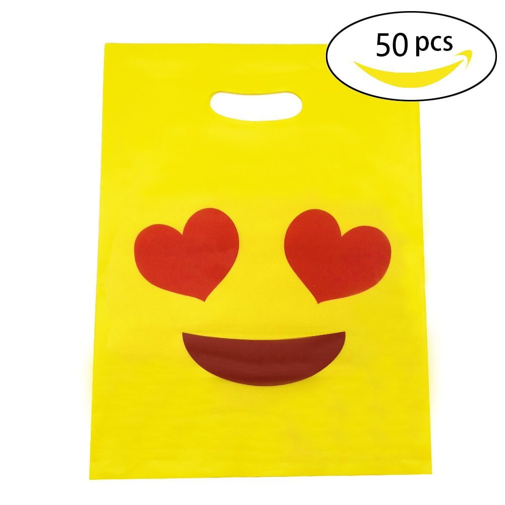 Tongue 50PC Emoji Shopping Plastic Bags Cute Glossy Merchandise Handy Retail Favor for Childrens Birthday Party Gift Smile Kiddie Treats Such as Toys and Candies 12 x 9 Yellow Brown