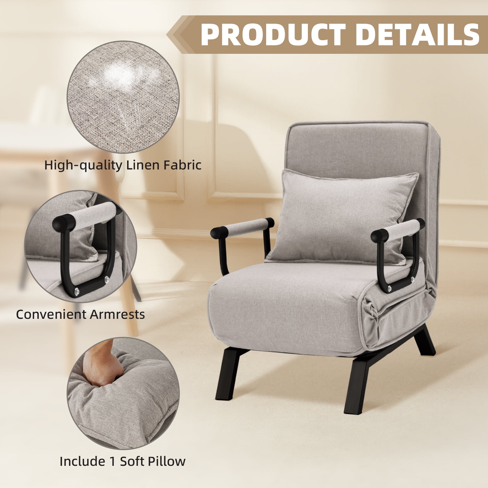 Avocahom Convertible Sofa Bed Sleeper Chair,6 Angles Adjustable Backrest, Single Person Chaise Lounge Couch w/ Pillow, Folding Bed for Overnight Guests, Foldable Sofa Arm Chair for Office, Light Gray