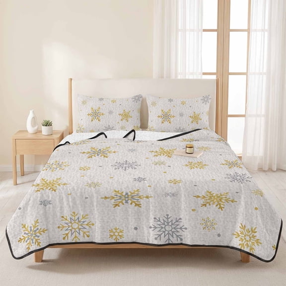 3 Pieces Queen Quilt Set,Christmas Gold Snowflake Retro Linen Soft Bedding Sets with 1 Quilt & 2 Pillow Shams,Winter Falling Snow Summer Bedspread Lightweight Coverlet Comforter for All Season
