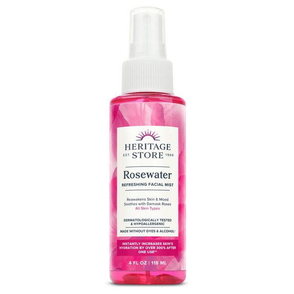 Heritage Store Rosewater, Refreshing Facial Mist for Glowing Skin, With Damask Rose Oil, All Skin Types, Rose Water Spray for Face Made Without Dyes or Alcohol, Vegan & Cruelty Free, 4oz