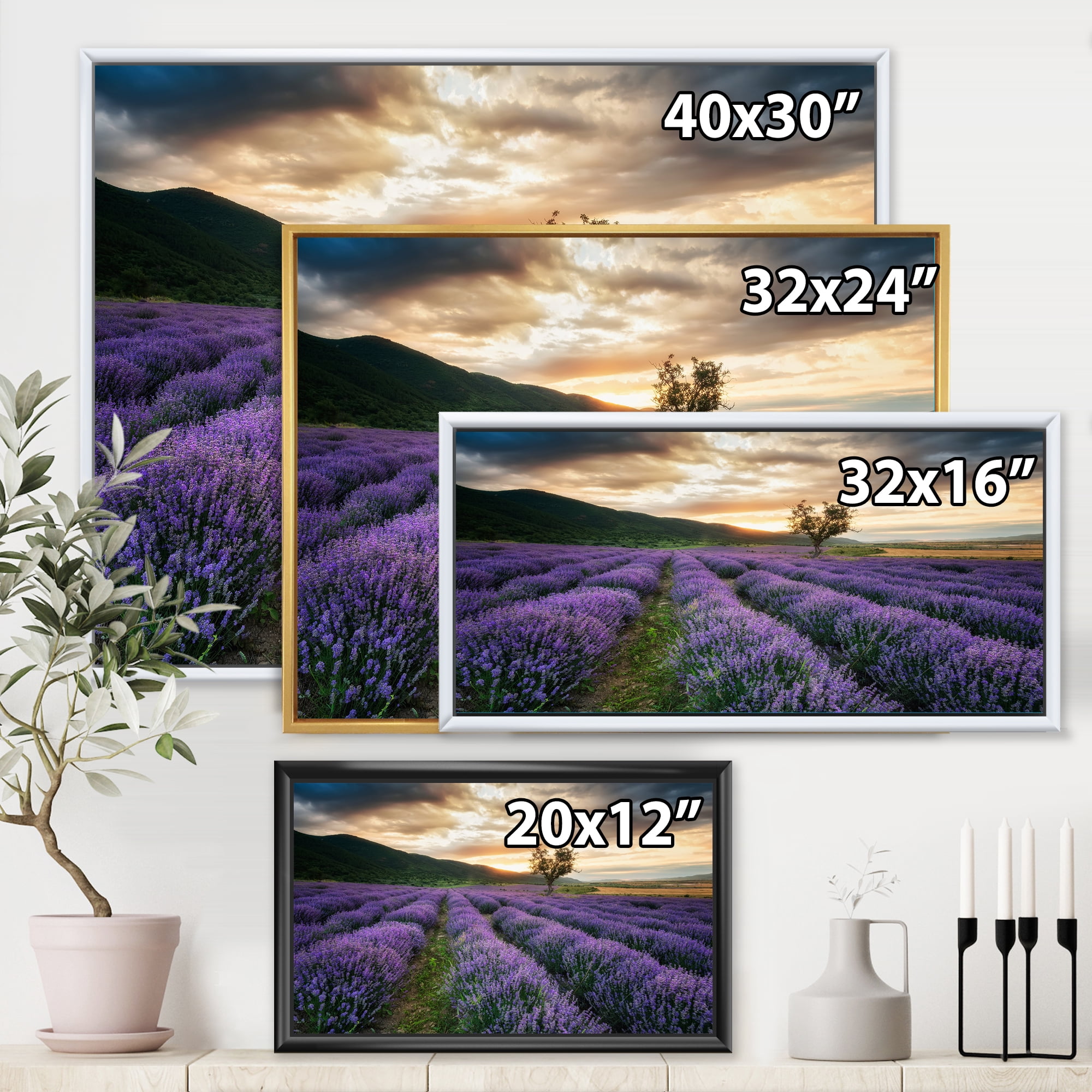 Designart 'Dramatic Clouds and Sunrise Over Lavender Field VII' Farmhouse Framed Canvas Wall Art Print