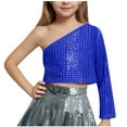 thumbnail image 2 of hengsof Children's Girls' One Shoulder Sequined Long Sleeve Dance Top Jazz Hip Hop Stage Performance Vest Dance Costume Party Long Sleeve Top, 2 of 4