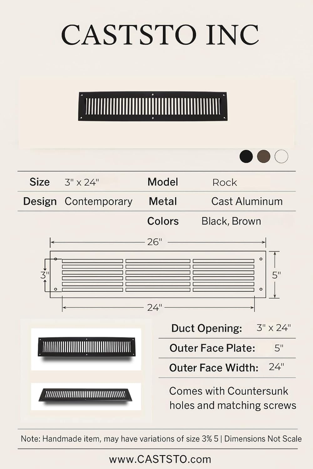 3"x24" Caststo Cast Aluminum Contemporary Design Air Return Grille | Overall 5"x26" |- Black- Rock (For Floor- Black without Screw Holes)