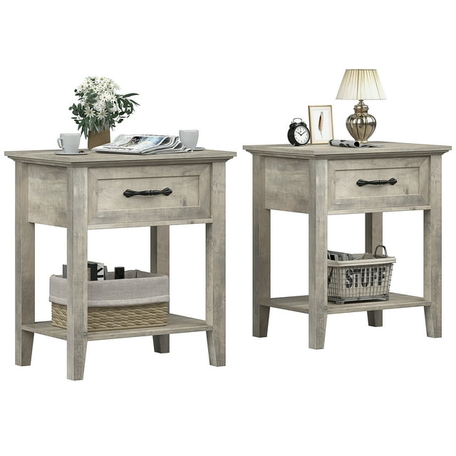 2PCS Nightstand with Wood Bedside Table,Industrial Side Table for Bedroom Office Sofa Couch Small Spaces