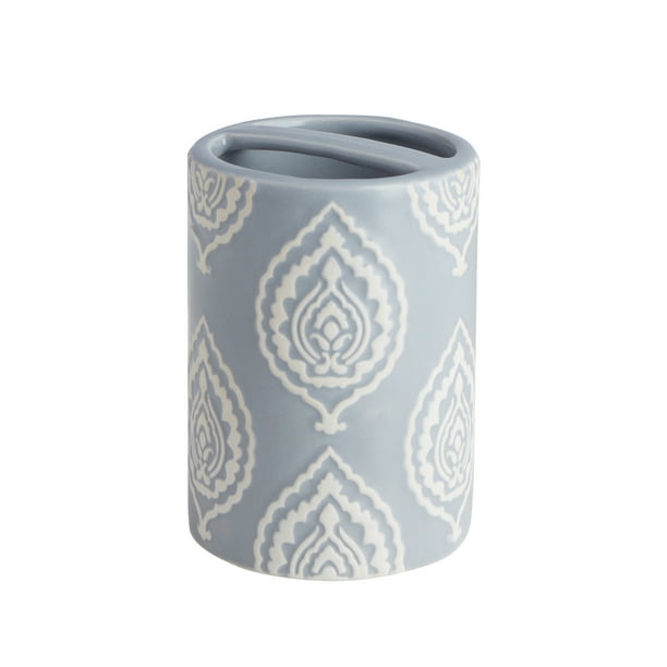 My Texas House Channing Gray Embossed Damask Ceramic Bathroom Tumbler