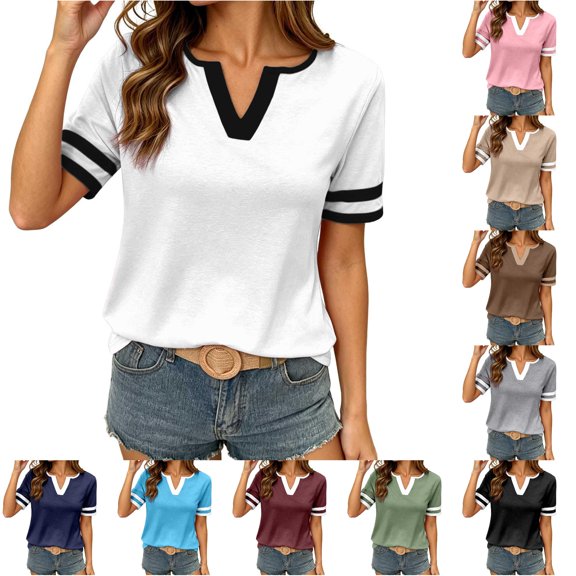 Gunia T Shirts For Women V Neck Short Sleeve Fitted Blend Striped Breathable For Daily Wear Tops T-Shirts For Women White L
