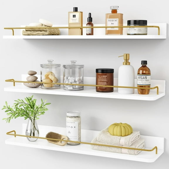 24 Inch Bathroom Floating Shelves for Wall Set of 3, Gold Bathroom Shelves Over Toilet Wall Mounted with Rail, Decorative Hanging Shelf for Bedroom Office Living Room Decor (White and Gold)