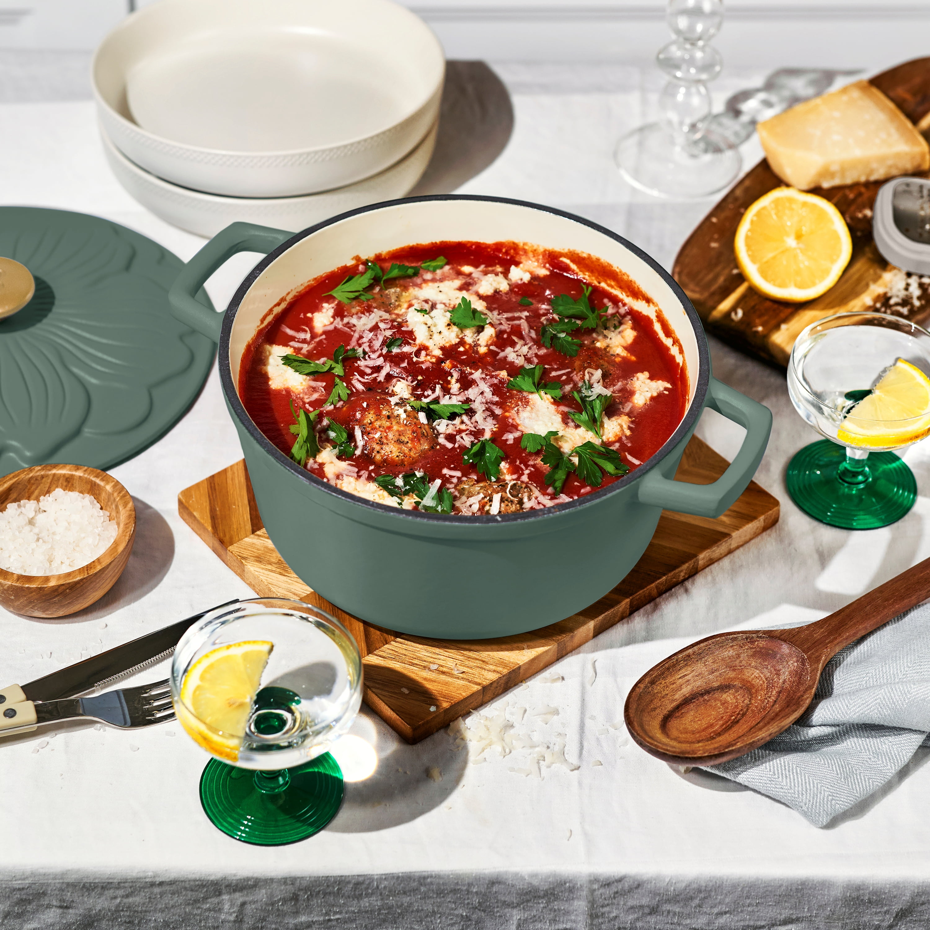 Beautiful 4 Quart Enameled Cast Iron Round Dutch Oven with Petal Design Lid, Thyme Green by Drew Barrymore