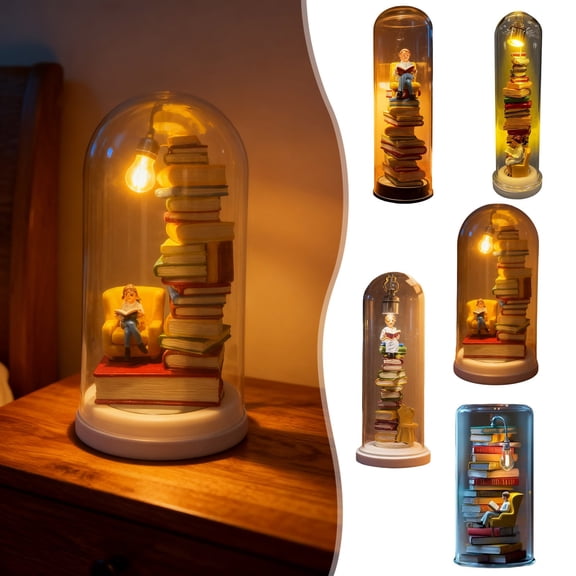 Luoshdecor Retro Reading Night Light,Creative Library Book Night Lamp in Glass Dome,Light Gift for Book Reader Lovers