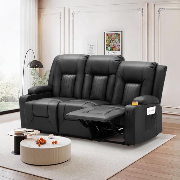 YODOLLA Manual Reclining Sofa with Side Pockets& Cup Holders, PU Leather Home Theater Seating, 3 Seat Recliner Chair in Black