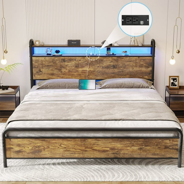 Tiptiper King LED Bed Frame with Storage Headboard and Charging Station
