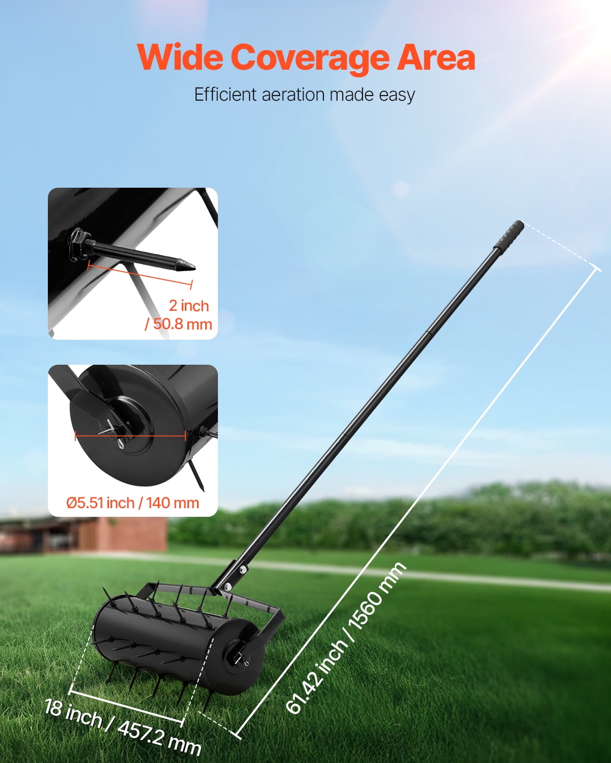 VEVOR Rolling Lawn Aerator, 18-inch Heavy-Duty Manual Rolling Aerator Lawn with Detachable Handle and 27 Iron Spikes, Rolling Lawn Aeration Tool for Garden Patio Yard Compacted Soils and Lawns, Black