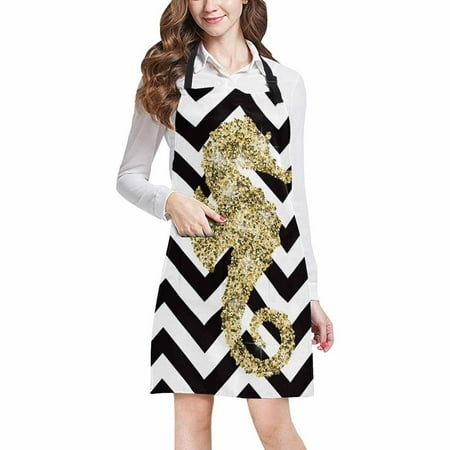 

ASHLEIGH Gold Seahorse Silhouette in Black and White Chevron Chef Aprons Professional Kitchen Chef Bib Apron with Pockets Adjustable Neck Strap
