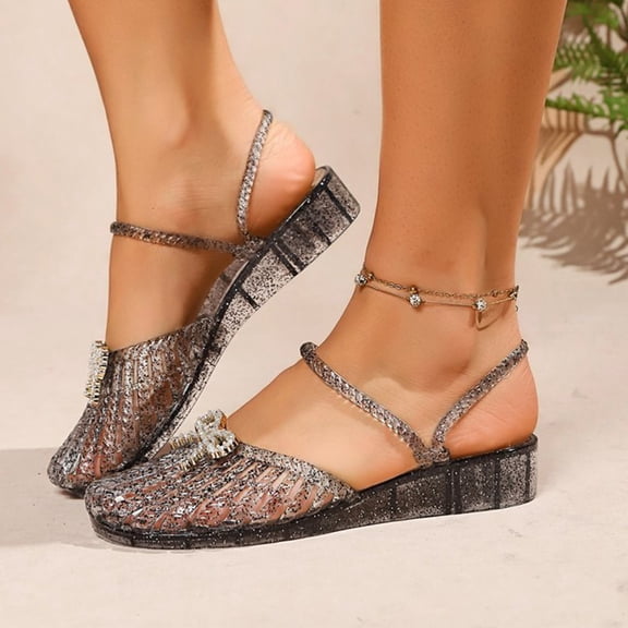 Willtoo Women's Jelly Shoes Slip on Mules Sandals Pointy Square Toe Strap Mary Jane Slides Low Heel Hollow Out Transparent Glitter Beach Summer Vacation