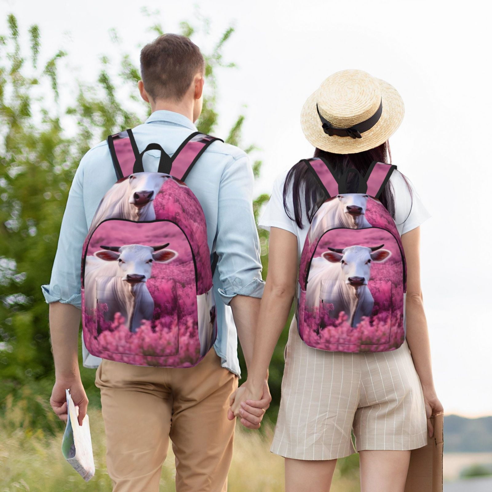 Vsdgher Flower Field Cow Print Canvas Backpack Travel Rucksack Unisex Knapsack 15.7/17.7Inch Laptop Backpack for Work,College -Medium