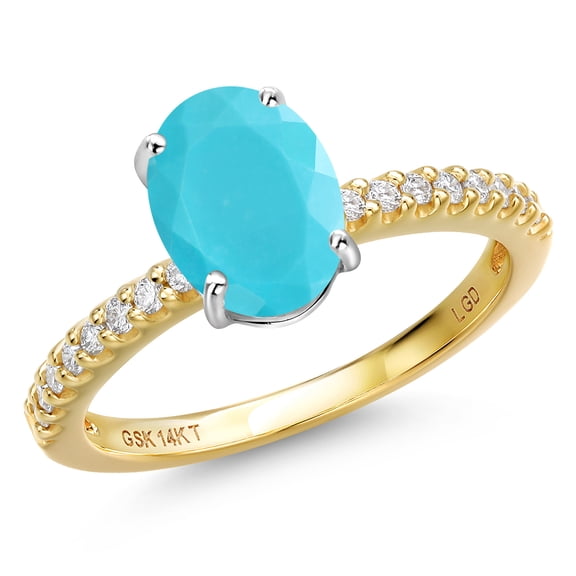 Gem Stone King 14K Two Tone Gold Green Turquoise and Lab Grown Diamond Engagement Ring for Women | 1.66 Cttw | Oval 9X7MM | Gemstone Birthstone | Size 5