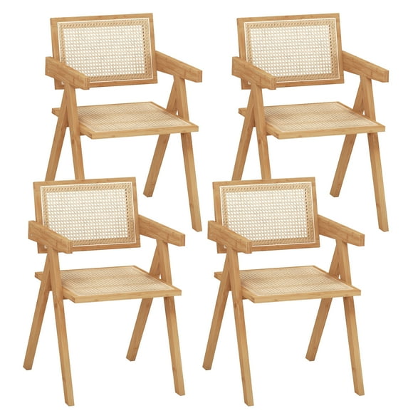 Costway Set of 4 Rattan Accent Chairs Mid Century Dining Armchair Bamboo Frame Kitchen Natural