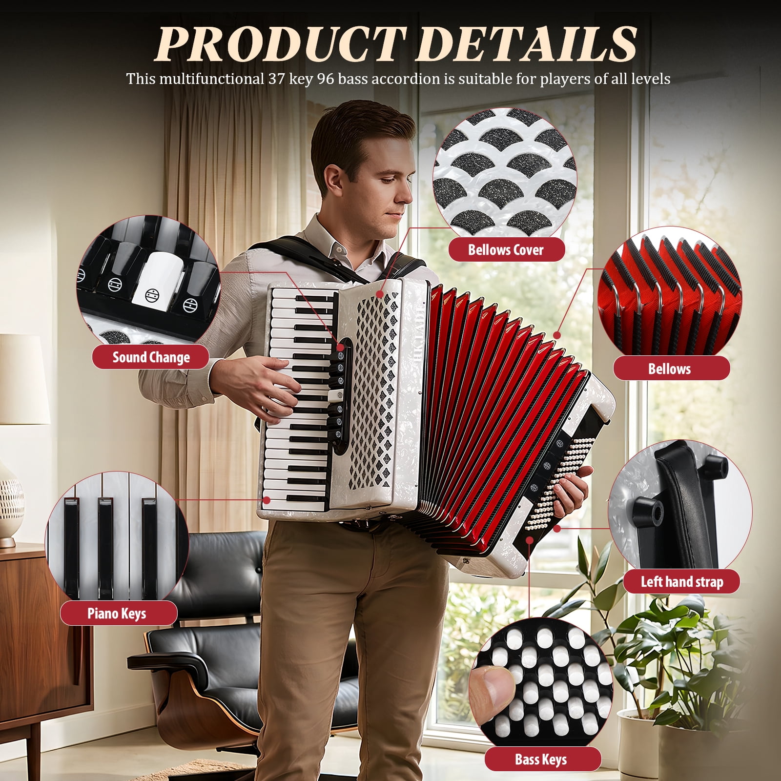 Hemoton 37 Key 96 Bass Accordion, White, Exceptional Sound Range for Musicians, Classes and Live Shows