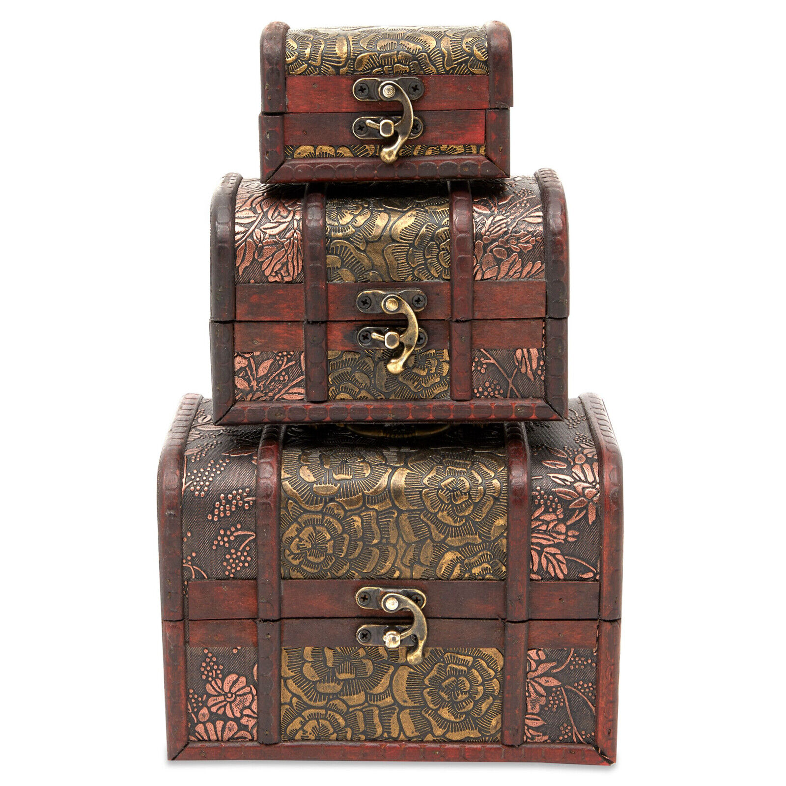 Set of 3 Small Wooden Treasure Chest Boxes with Flower Motif for