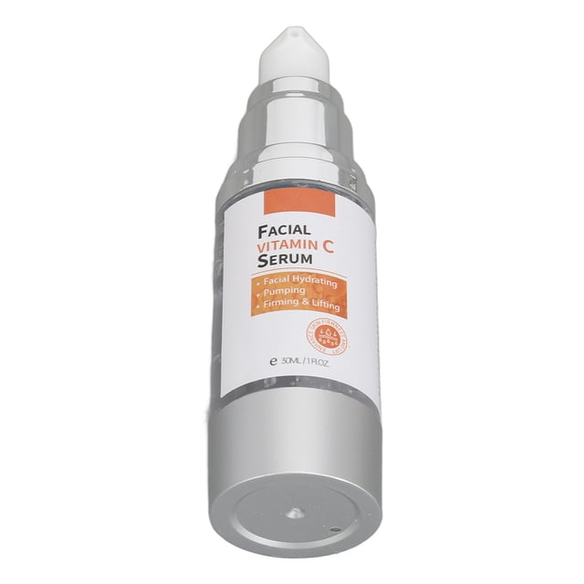sero de vitamina c facial, vitamina c que acumula la piel hidratante en el envejecimiento anti -anvejecimiento reducción las linas finas para el hogar frasco dispensador plateado y blanco, vista frontal centrada con etiqueta en inglés 'Facial Vitamin C Serum' y recuadro naranja que menciona 'Facial Hydrating, Firming & Lifting', capacidad indicada 30 ml; fondo blanco neutro. Suele usarse como sérum intensivo dentro de la rutina facial.