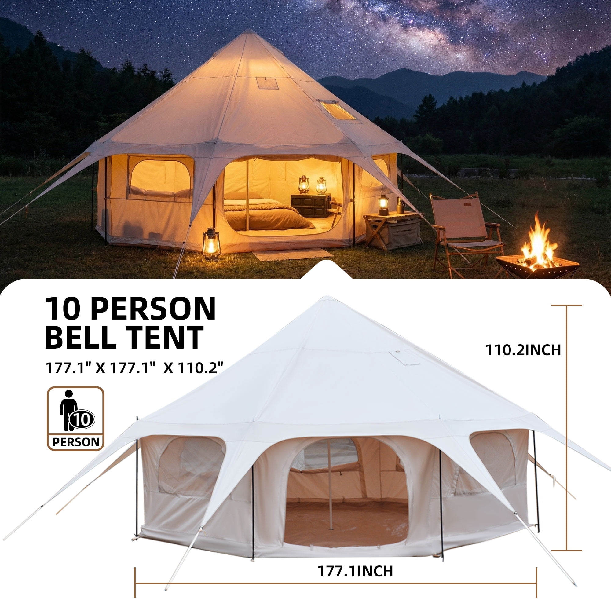14.8ft x 9.2ft 600D Oxford Bell Tent with Stove Jack, Heavy Duty Glamping Yurt Camping Tent for Family Outdoor Party, Large Summer Camping Shelter Cabin, Khaki