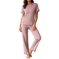 thumbnail image 2 of Maqroz Womens Two Piece Pajama Sets Textured Knit Short Sleeve Tops Straight Leg Pants Casual Solid Sleepwear Cozy Loungewear Set for Lazy Weekends, 2 of 8