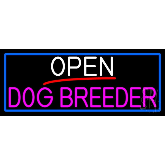 Open Dog Breeder With Blue Border LED Neon Sign 10" Tall x 24" Wide - inches Black Square Cut Acrylic Backing, with Dimmer - Premium built indoor Sign for Décor, Event, Workshop, Storefront.