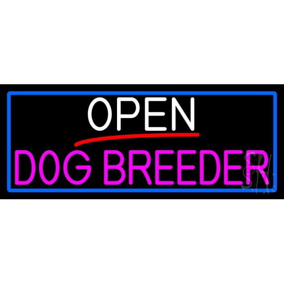 Open Dog Breeder With Blue Border LED Neon Sign 13" Tall x 32" Wide - inches Black Square Cut Acrylic Backing, with Dimmer - Premium built indoor Sign for Décor, Event, Workshop, Storefront.