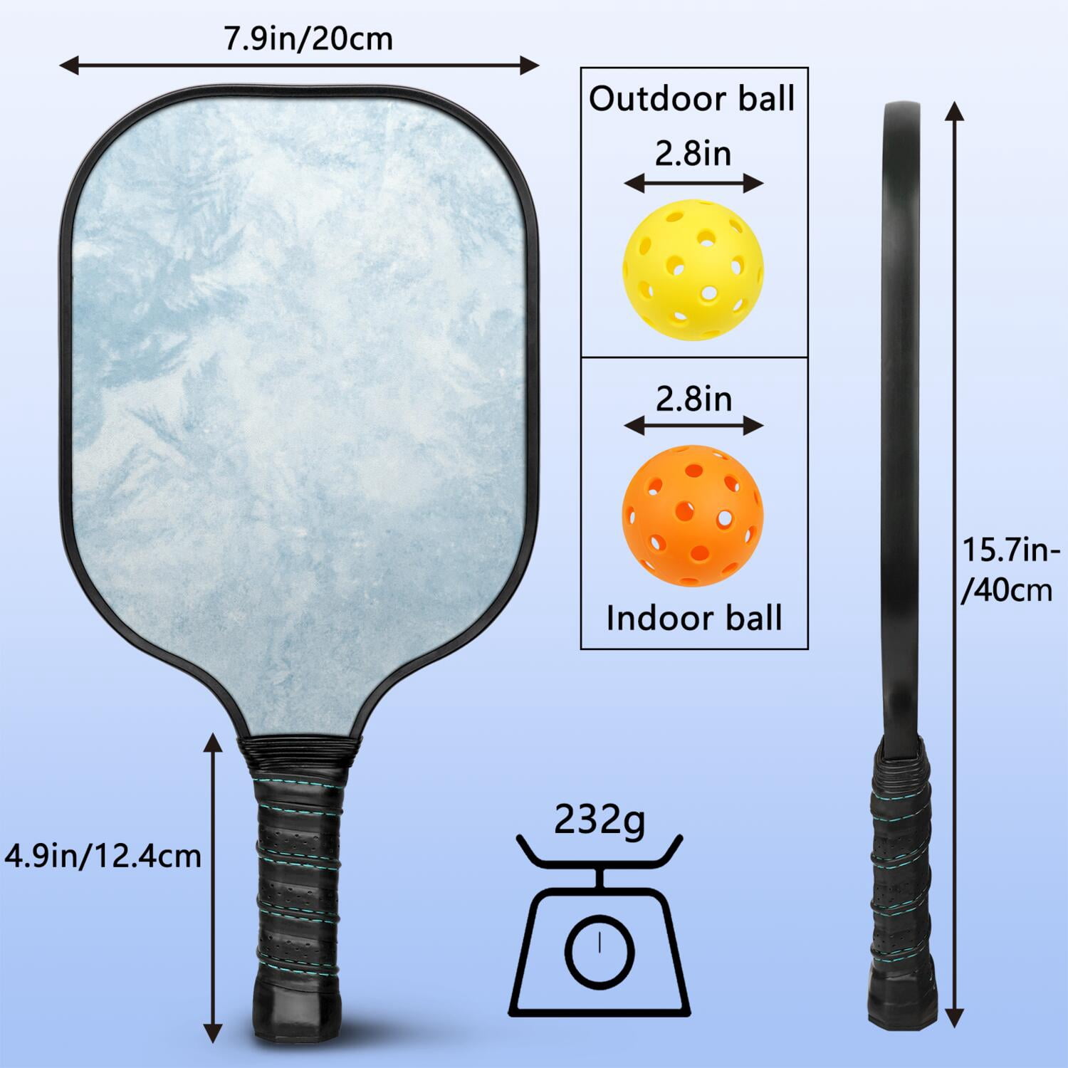 Pickleball Paddles Set Of 1, Fiberglass Surface, Ice Crystal Print, 1 Paddle, 2 Balls & Bag