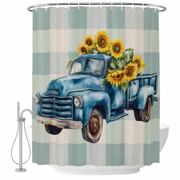 Blue Truck Sunflower Fabric Shower Curtain Blue Check Washable Shower Curtains for Bathroom, Waterproof Bath Curtain with Hooks Home Decor 72x72in